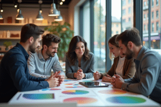 Manager de magasin moderne discutant stratégies avec son équipe