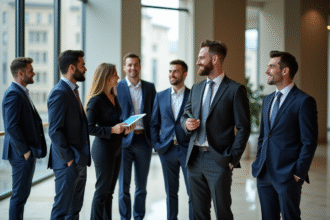 Groupe de professionnels dans un lobby parisien moderne