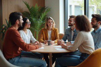 Groupe de jeunes adultes en discussion dans un espace moderne