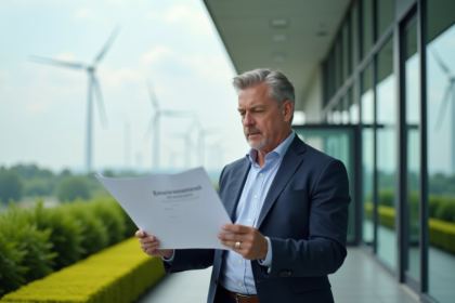 Homme d'affaires lisant un document environnemental devant un bâtiment moderne