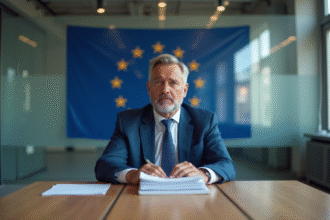 Homme d'affaires en costume bleu lors d'une réunion européenne