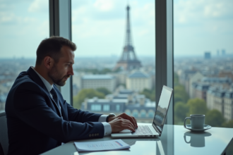 Homme d'affaires étudiant des graphiques financiers à Paris