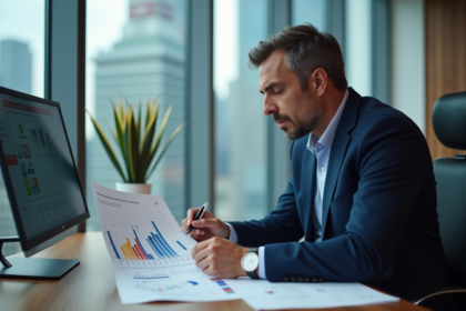 Homme d'affaires en costume bleu examinant un plan média télévisé