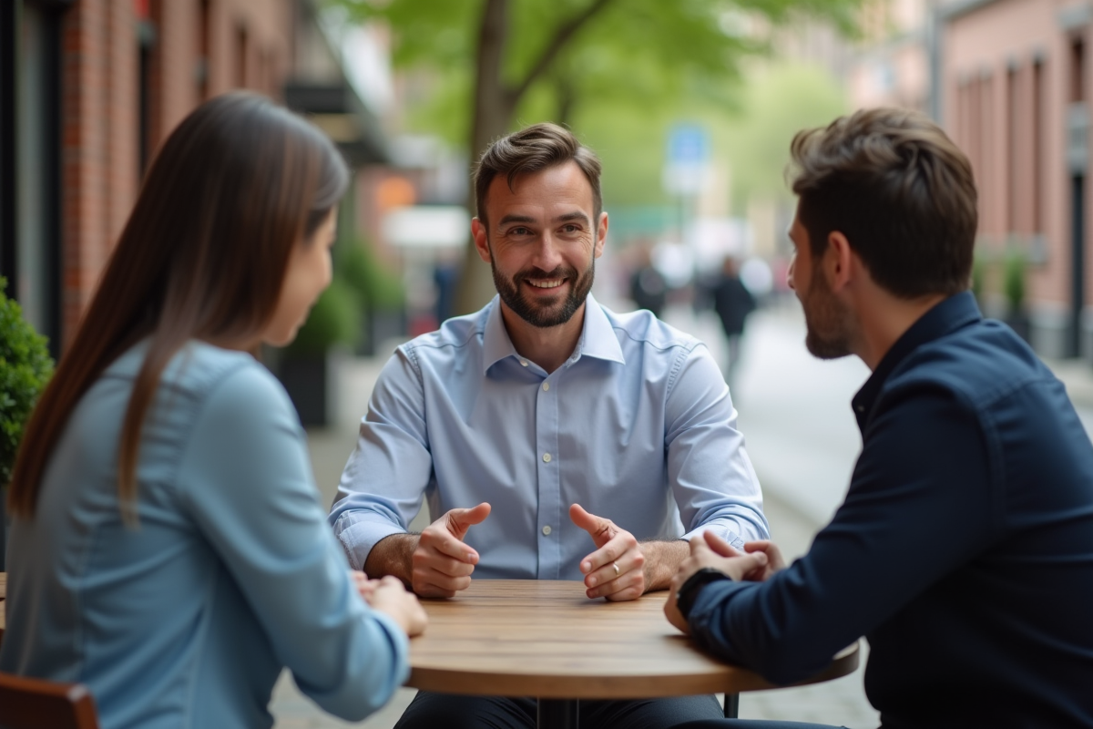 Homme discutant avec collègues dans un café en plein air