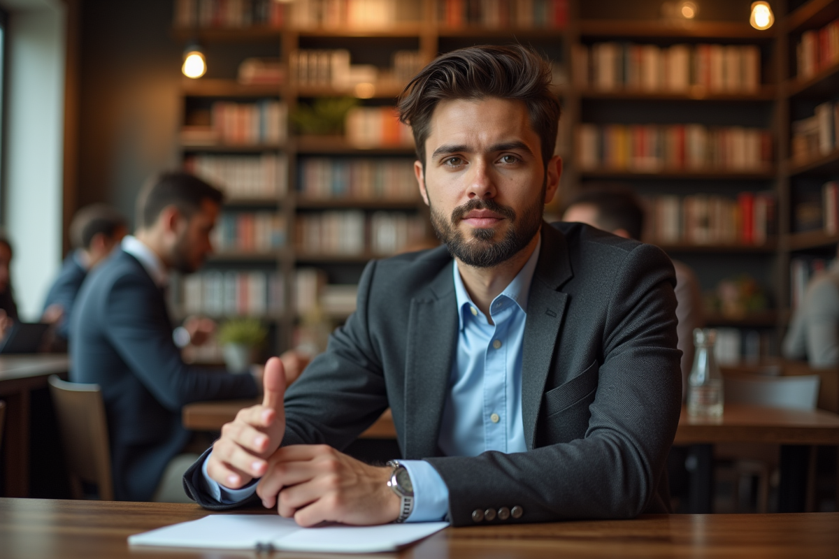 Jeune homme en costume discutant dans un café