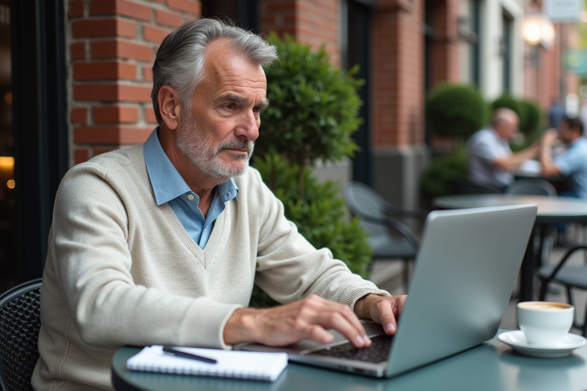 Homme recherchant des brevets dans un café en plein air