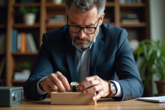 Homme d'âge moyen emballant une montre vintage dans un bureau