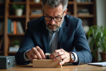 Homme d'âge moyen emballant une montre vintage dans un bureau
