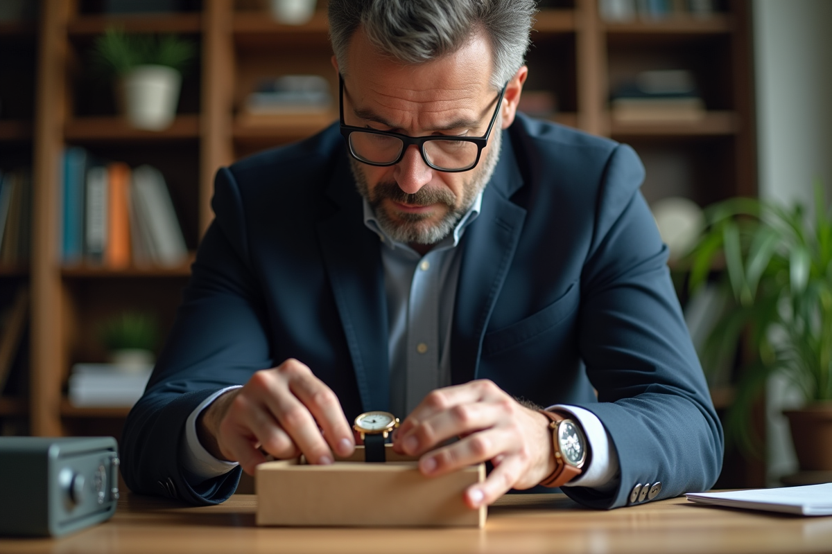 Homme d'âge moyen emballant une montre vintage dans un bureau