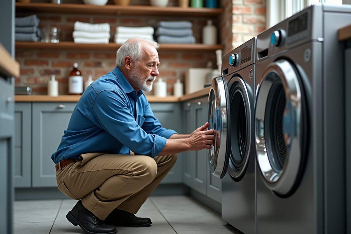 Homme d age ajuste un programme sur une machine à laver dans la buanderie