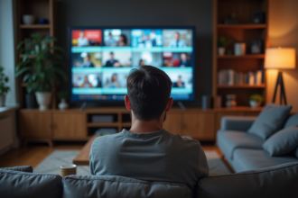 Homme d'âge moyen regardant une télévision avec des publicités