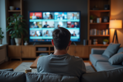 Homme d'âge moyen regardant une télévision avec des publicités