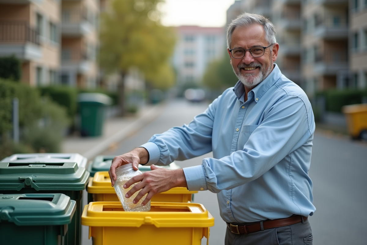 Homme triant déchets dans des bacs de recyclage en extérieur