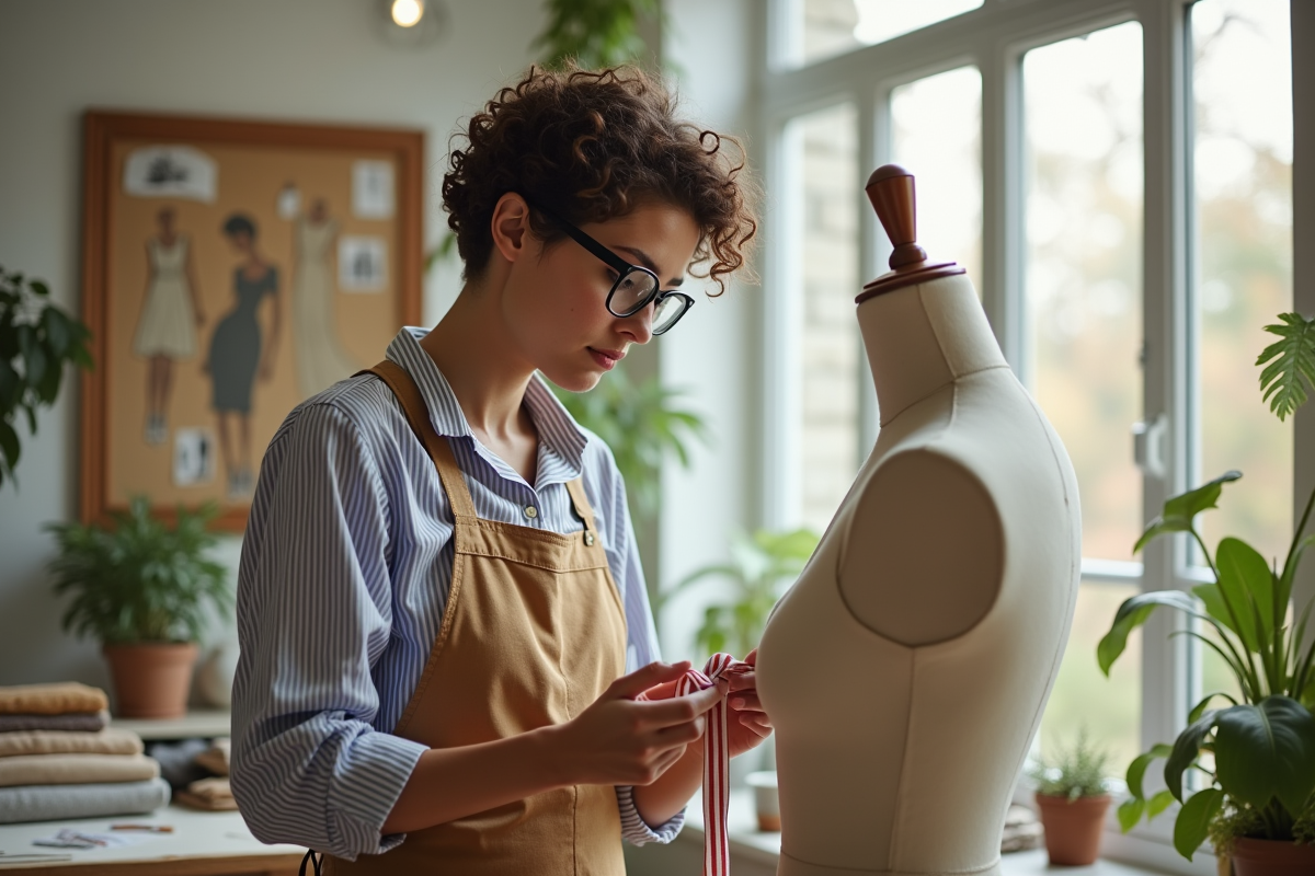 Jeune couturiere mesurant un mannequin dans son studio lumineux