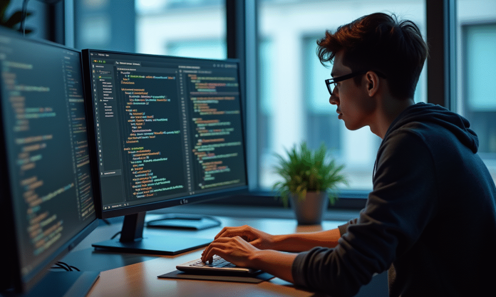 Jeune développeur concentré sur un laptop dans un bureau lumineux