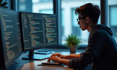 Jeune développeur concentré sur un laptop dans un bureau lumineux