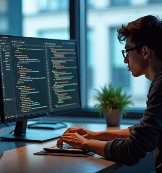 Jeune développeur concentré sur un laptop dans un bureau lumineux