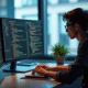Jeune développeur concentré sur un laptop dans un bureau lumineux