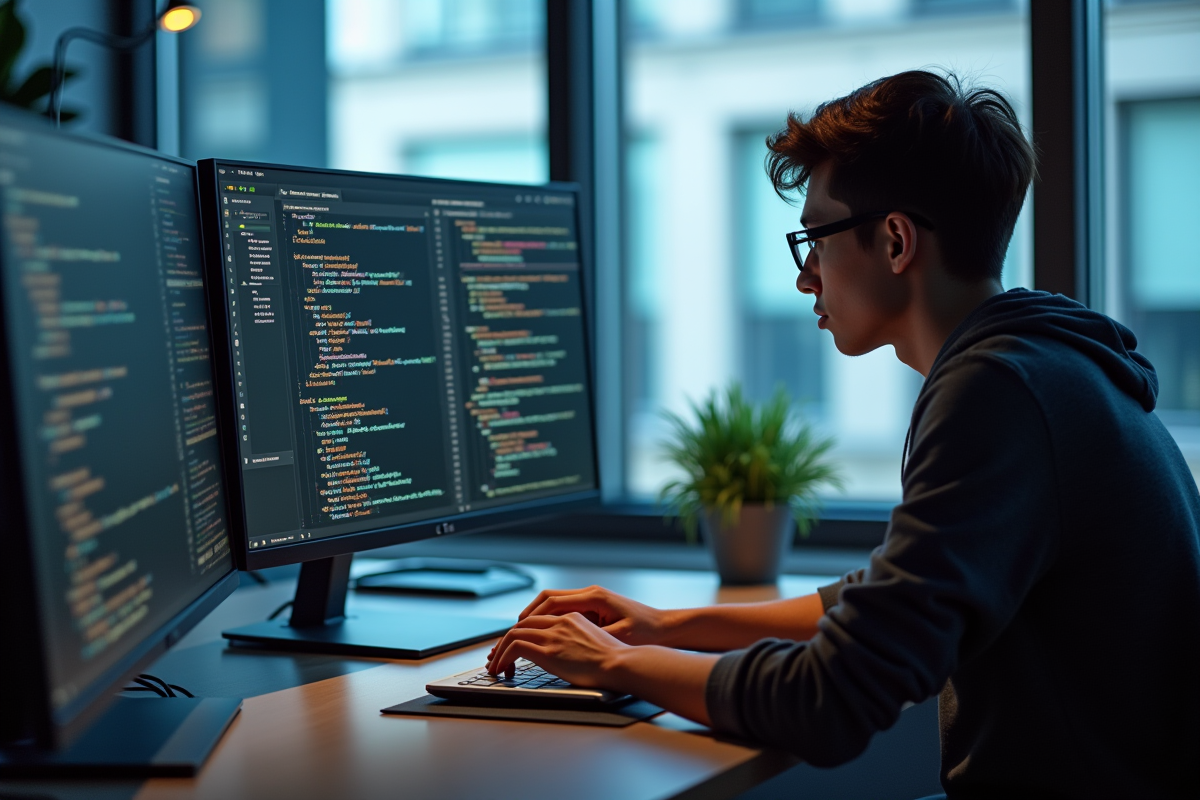 Jeune développeur concentré sur un laptop dans un bureau lumineux