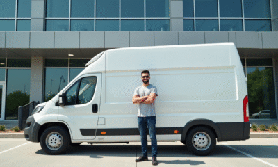 Jeune entrepreneur avec van blanc devant un bureau moderne