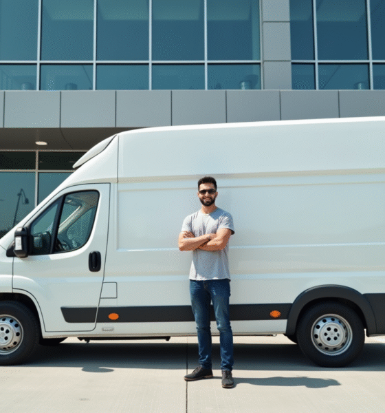 Jeune entrepreneur avec van blanc devant un bureau moderne