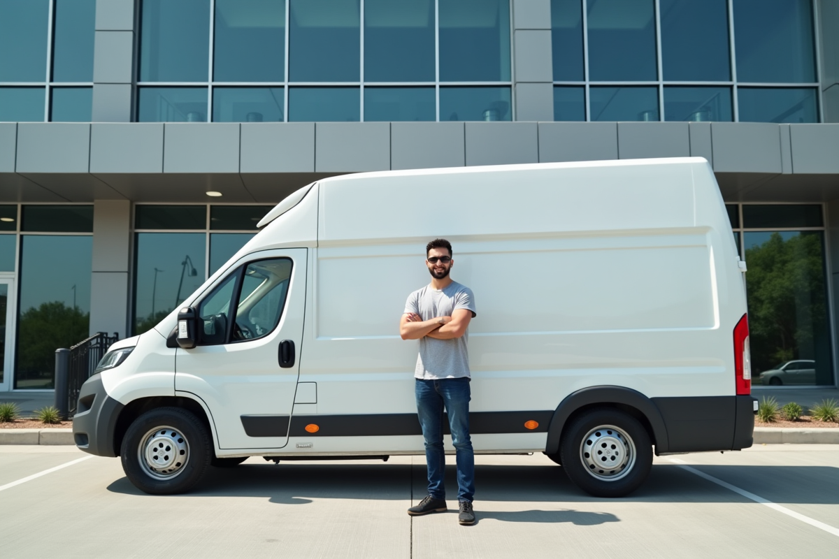 Jeune entrepreneur avec van blanc devant un bureau moderne