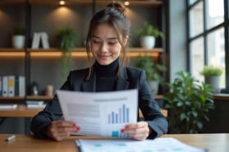 Jeune femme en blazer dans un espace coworking moderne