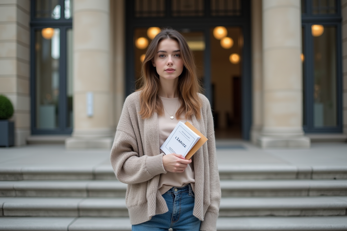 Jeune femme française tenant un code juridique devant un bâtiment public