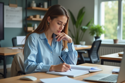 Jeune femme concentrée prenant des notes dans un bureau moderne