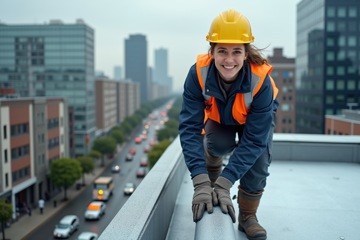 Jeune femme couvreuse appliquant une membrane sur un toit urbain