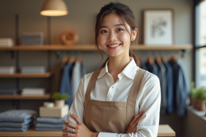 Jeune femme vendeuse souriante en uniforme dans un magasin