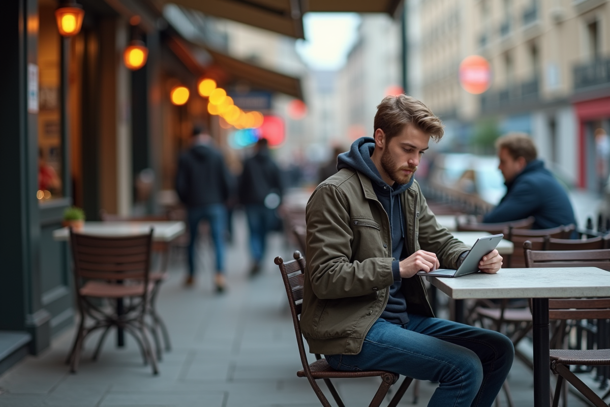 Jeune homme avec tablette dans un café en ville
