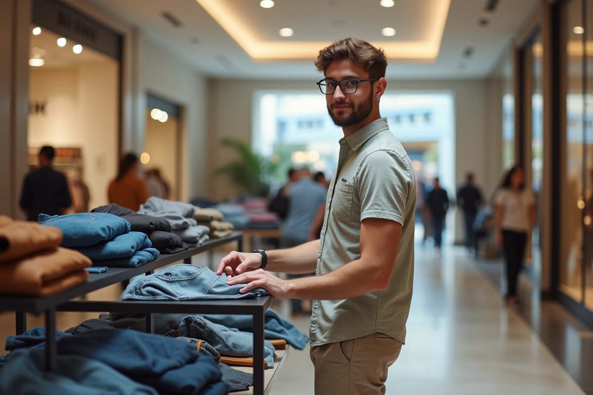 Jeune homme en tenue casual-chic arrangeant des vêtements en magasin
