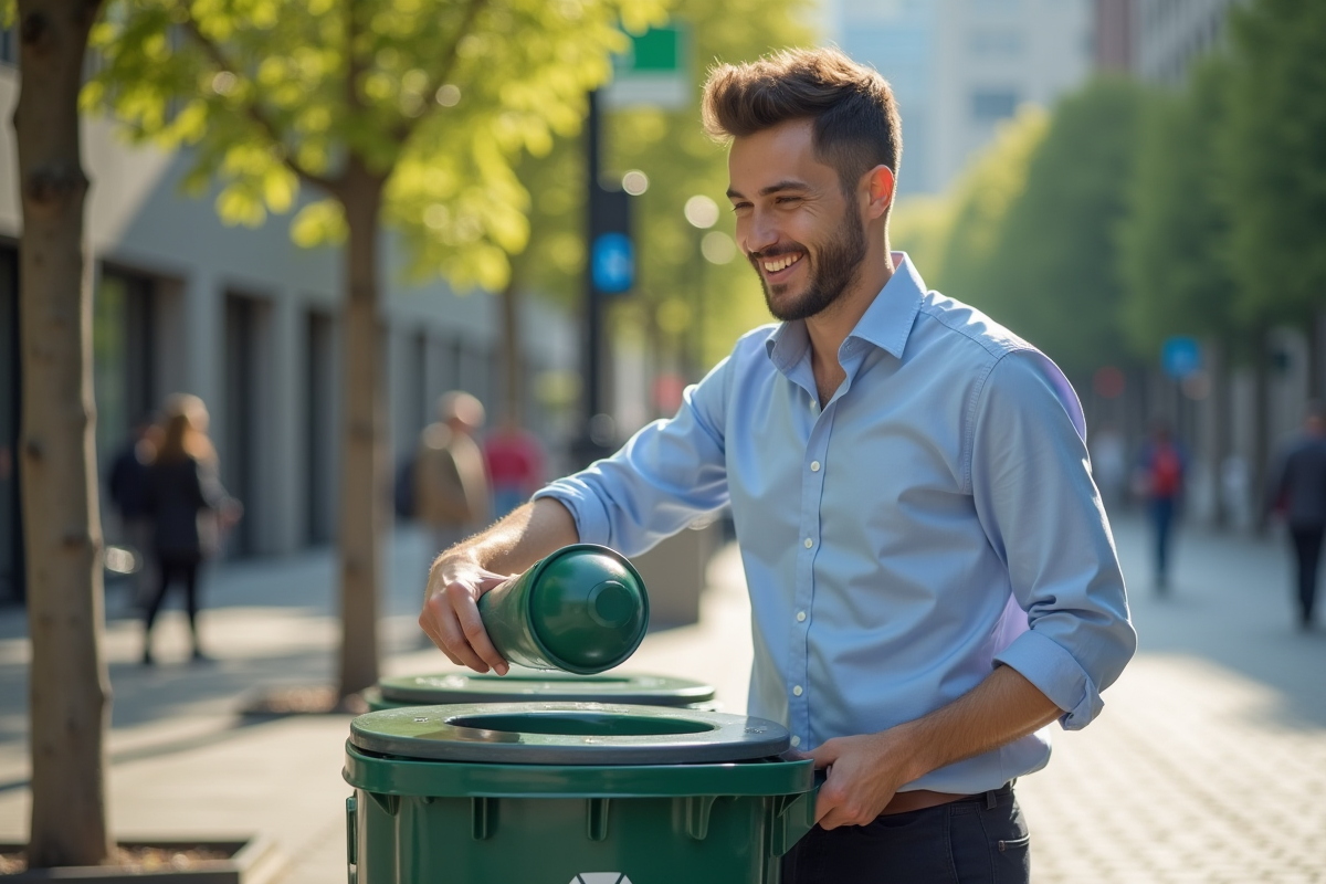 Jeune homme jetant un contenant plastique dans une poubelle urbaine