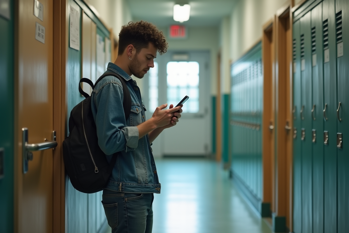 Jeune homme anxieux vérifiant son smartphone dans un couloir universitaire