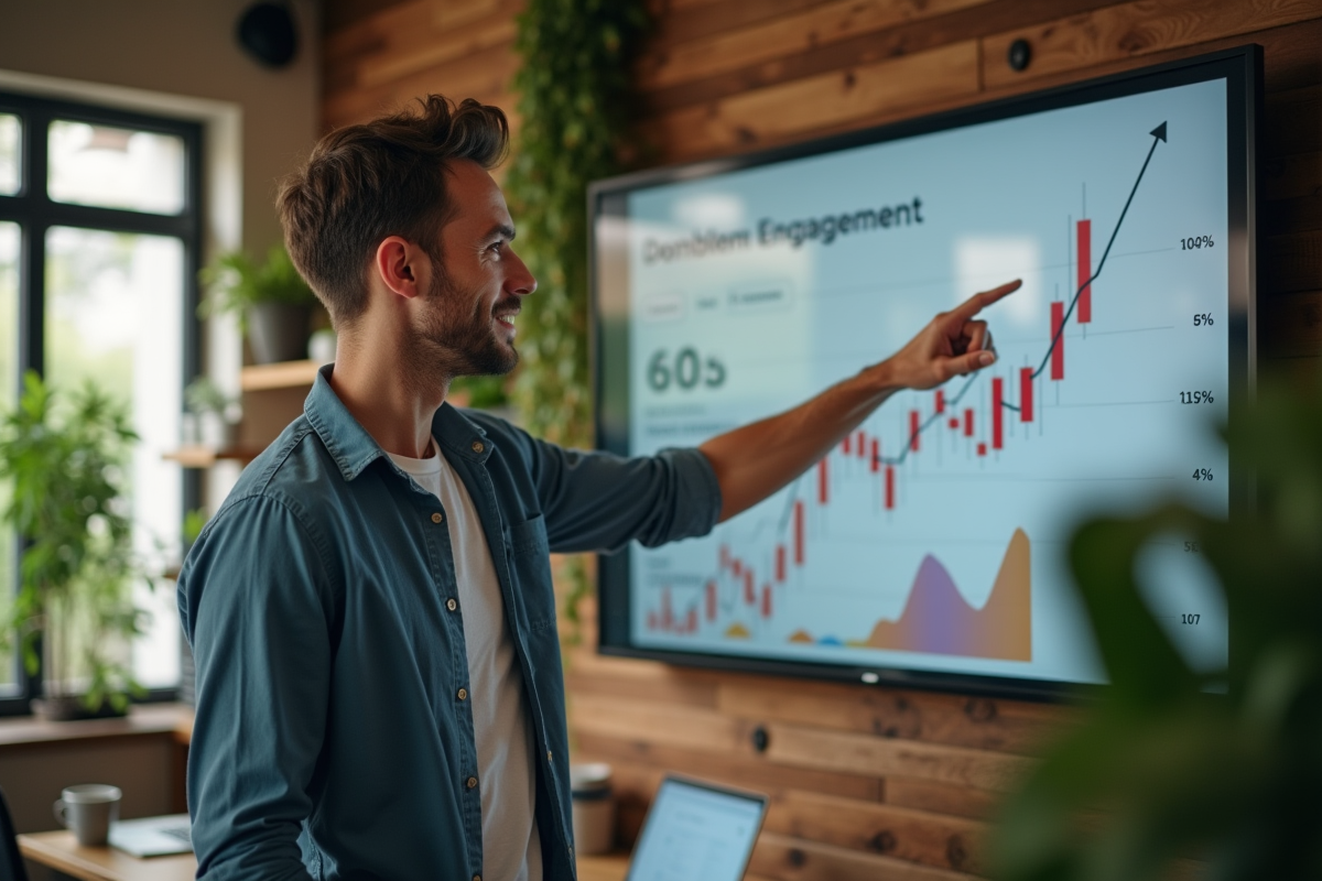 Jeune marketeur pointant un tableau de bord dans un espace créatif