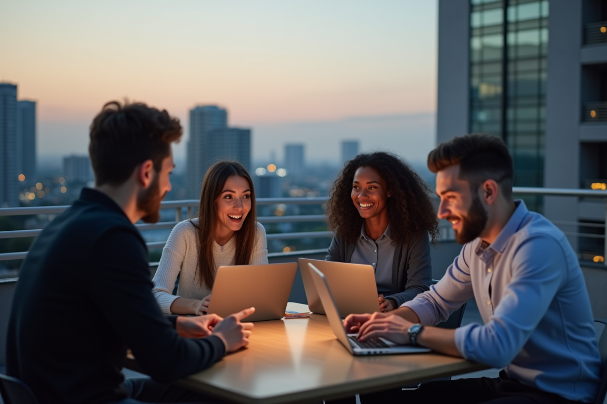 Groupe de jeunes adultes discutant sur un rooftop urbain en soirée