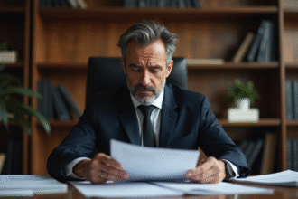 Juriste français examinant des documents dans un bureau moderne