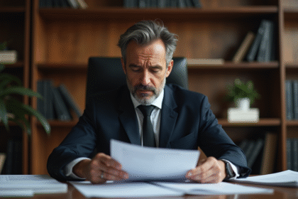 Juriste français examinant des documents dans un bureau moderne
