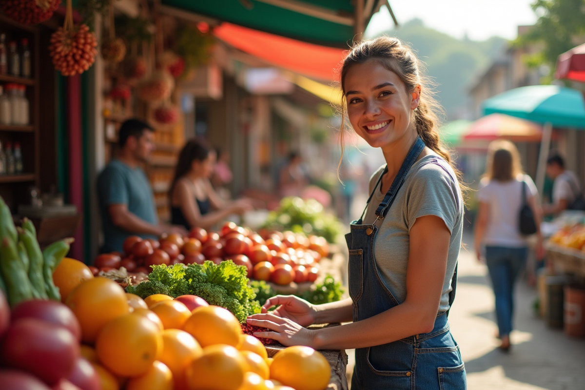 Femme souriante devant son stand de marché avec produits frais et artisanat