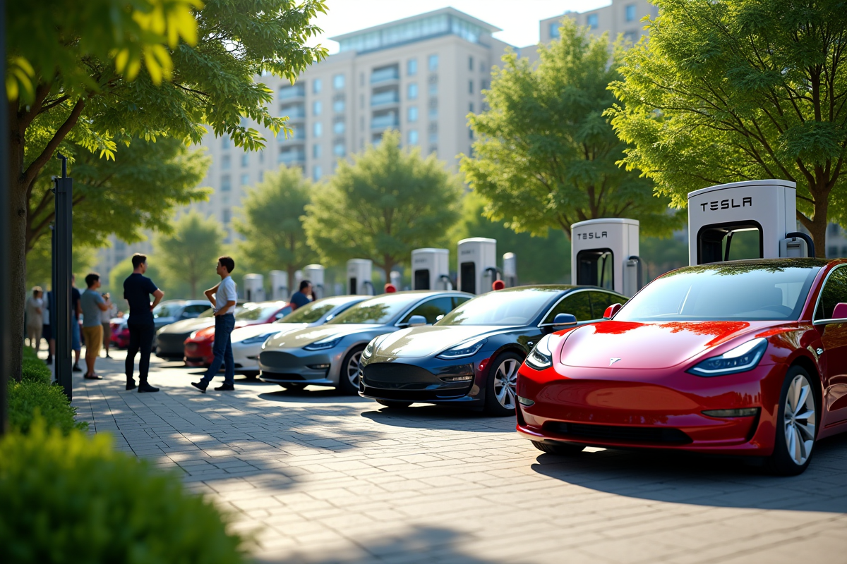Groupe de voitures électriques au station de recharge dans un parc