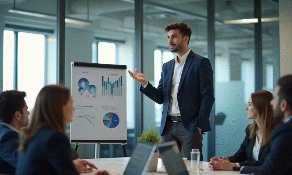 Jeune professionnel présentant un plan d'affaires en bureau lumineux
