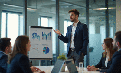Jeune professionnel présentant un plan d'affaires en bureau lumineux