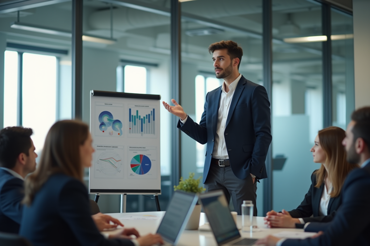 Jeune professionnel présentant un plan d'affaires en bureau lumineux