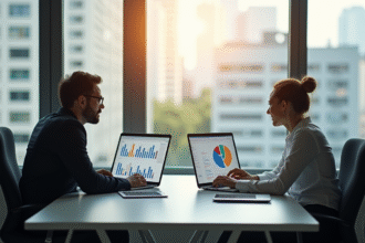Deux professionnels comparant des graphiques sur leurs écrans SAP et ERP
