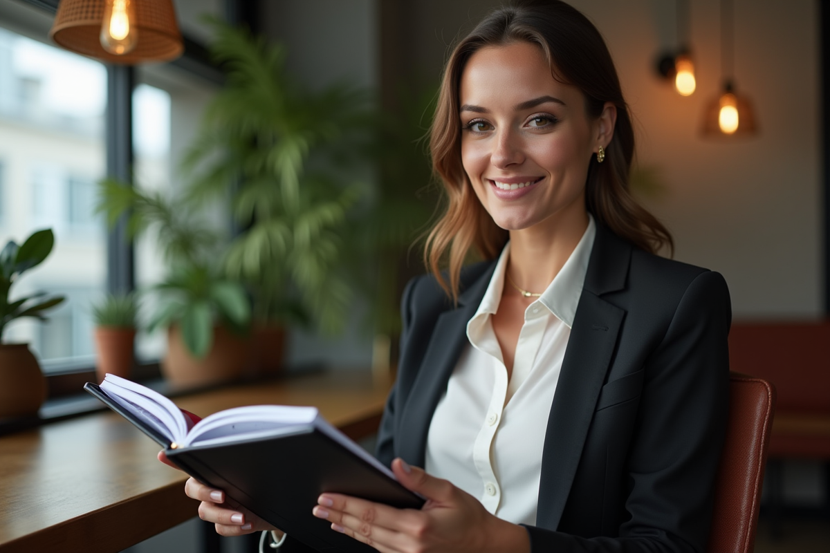 Recruteuse confiante examinant un portfolio dans un café