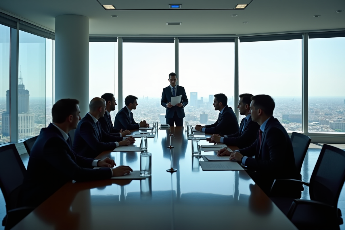 Réunion de dirigeants dans une salle à Paris avec vue sur la ville
