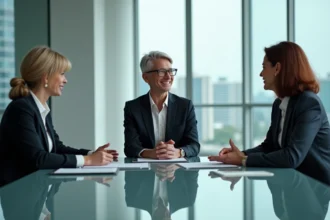 Trois professionnels en réunion dans un bureau moderne