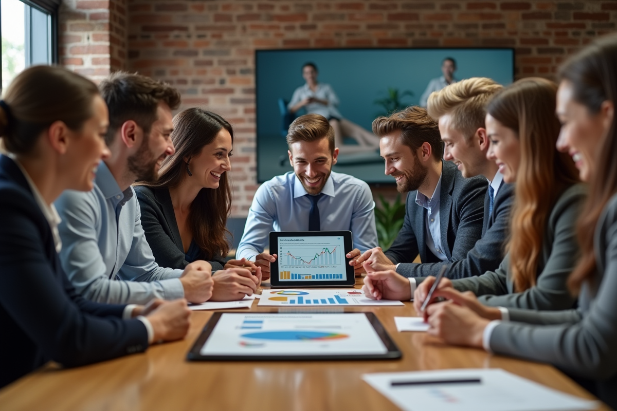 Groupe de jeunes professionnels discutant autour d