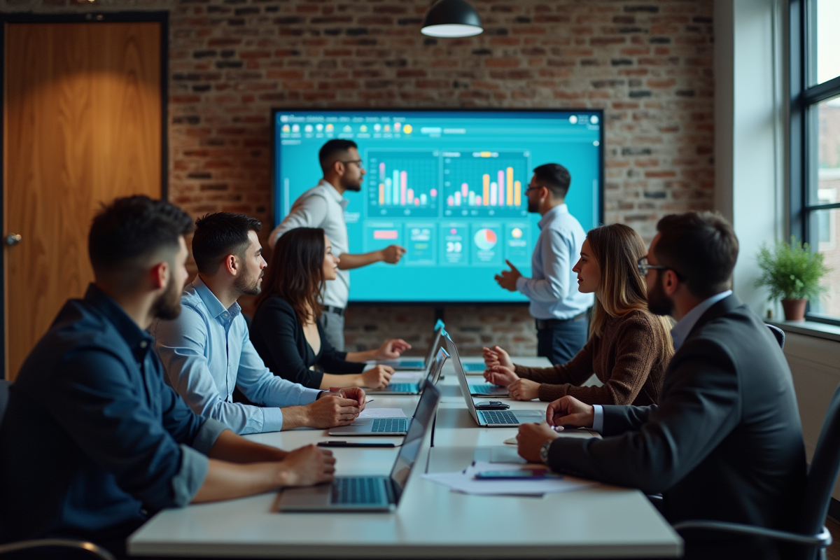 Groupe de professionnels collaborant autour d un ecran